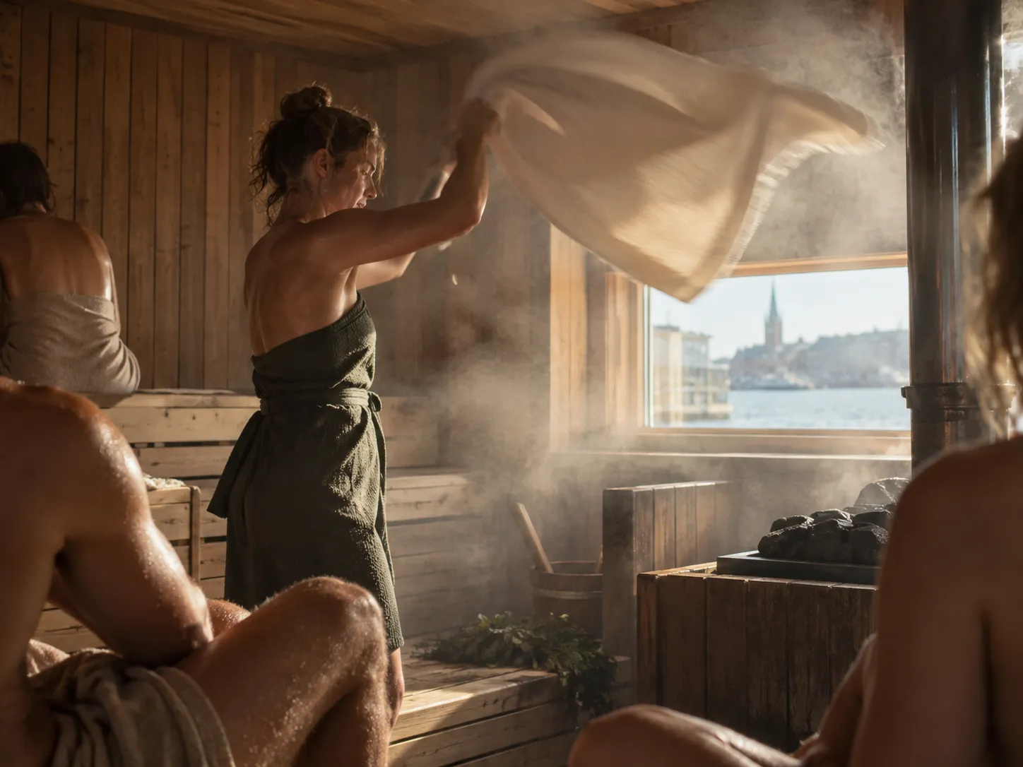 A sauna host fanning hot air with a towel during a ritual