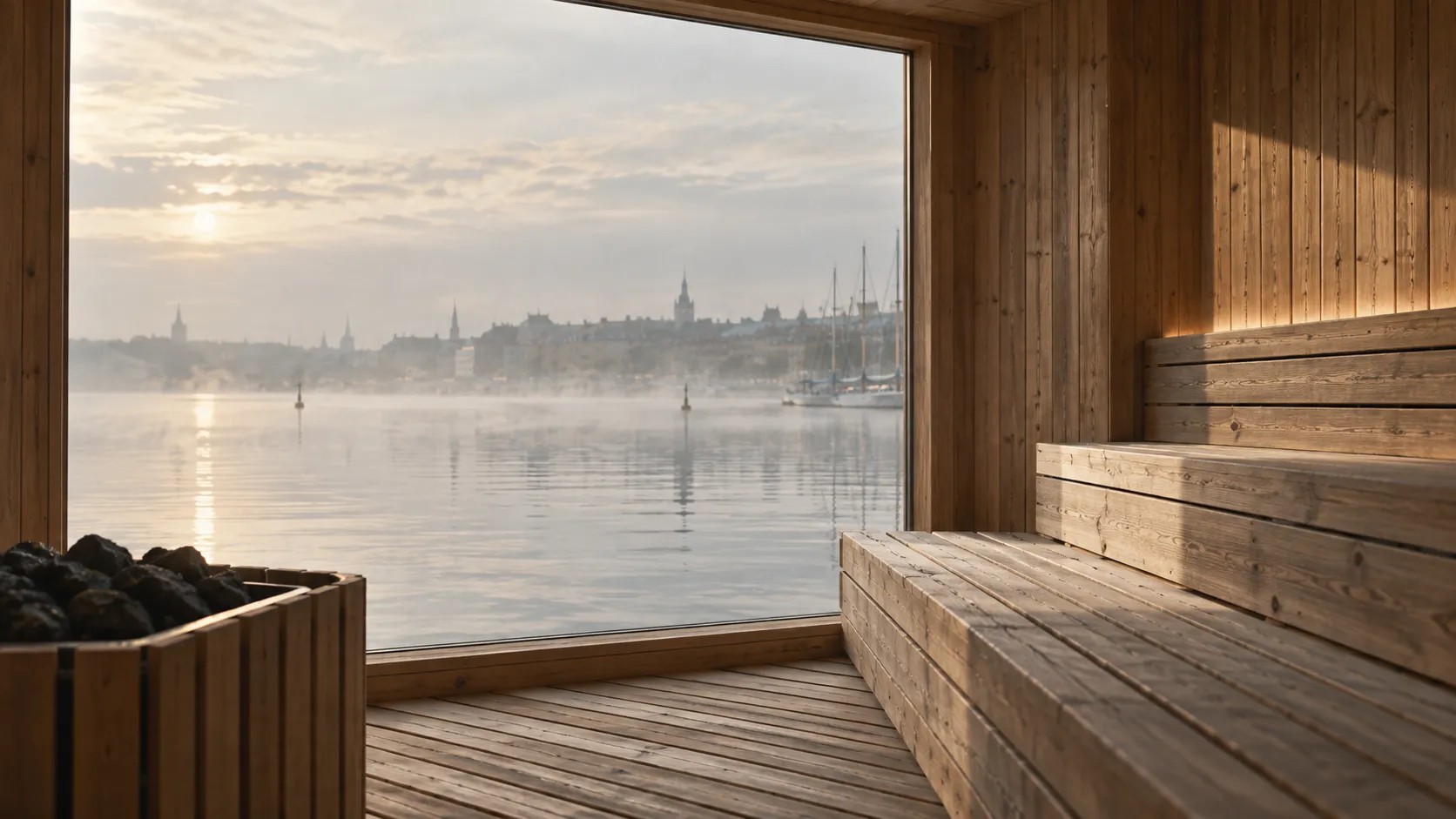 The wooden sauna room with a sea-view window