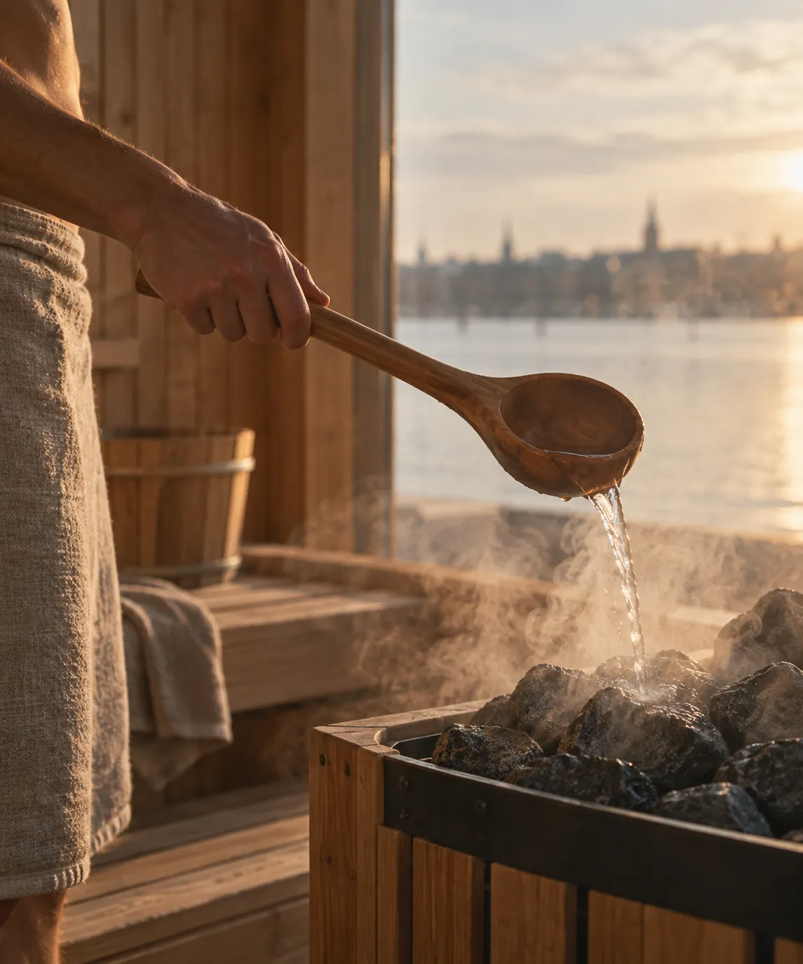 A sauna host pouring water over hot stones